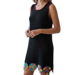 MICHAEL SIMON  Vintage 1990's Black Knit‎  Rainbow Floral Crochet Trim Dress M
